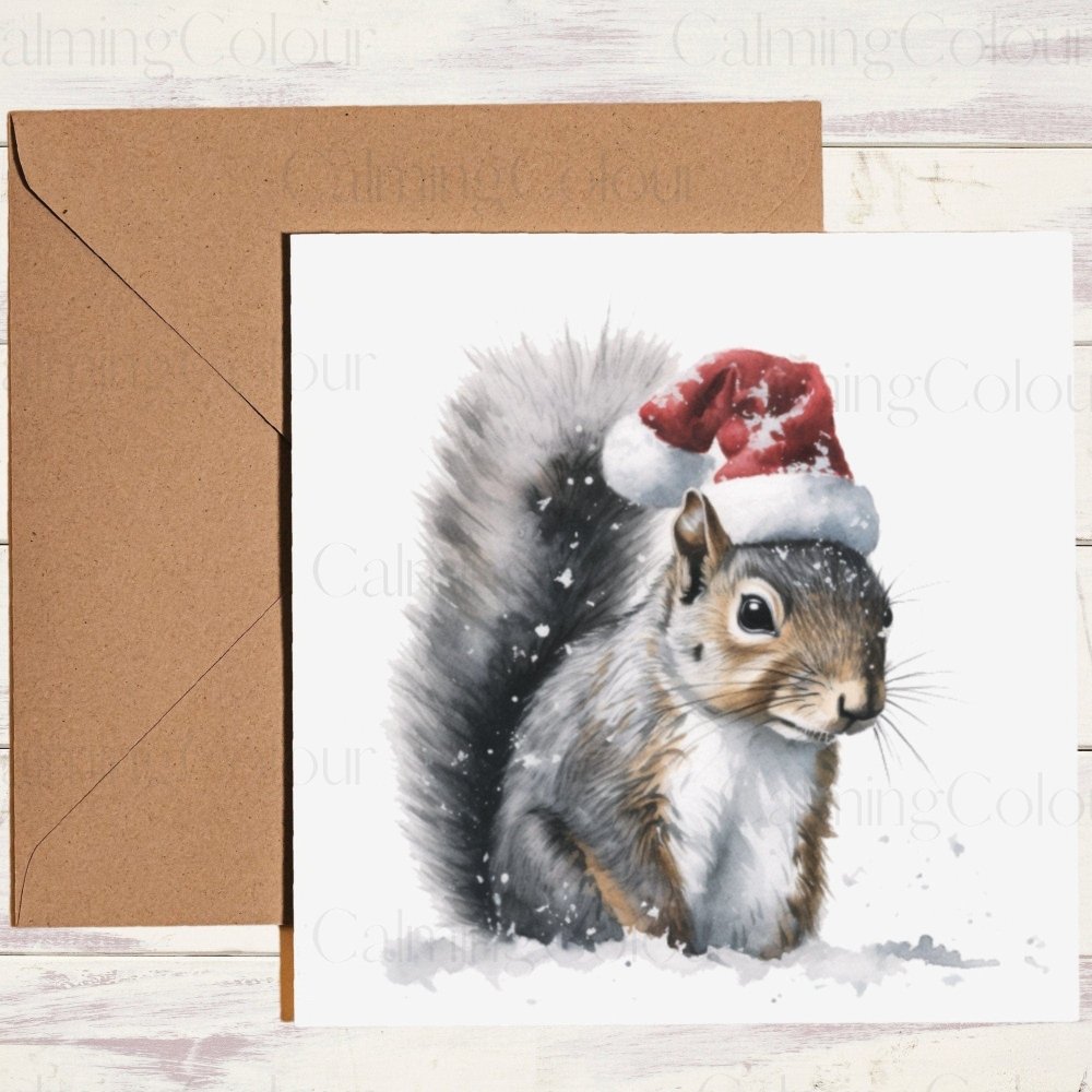 Grey Squirrel wearing Red Santa Hat | Christmas Card | Calming Colour