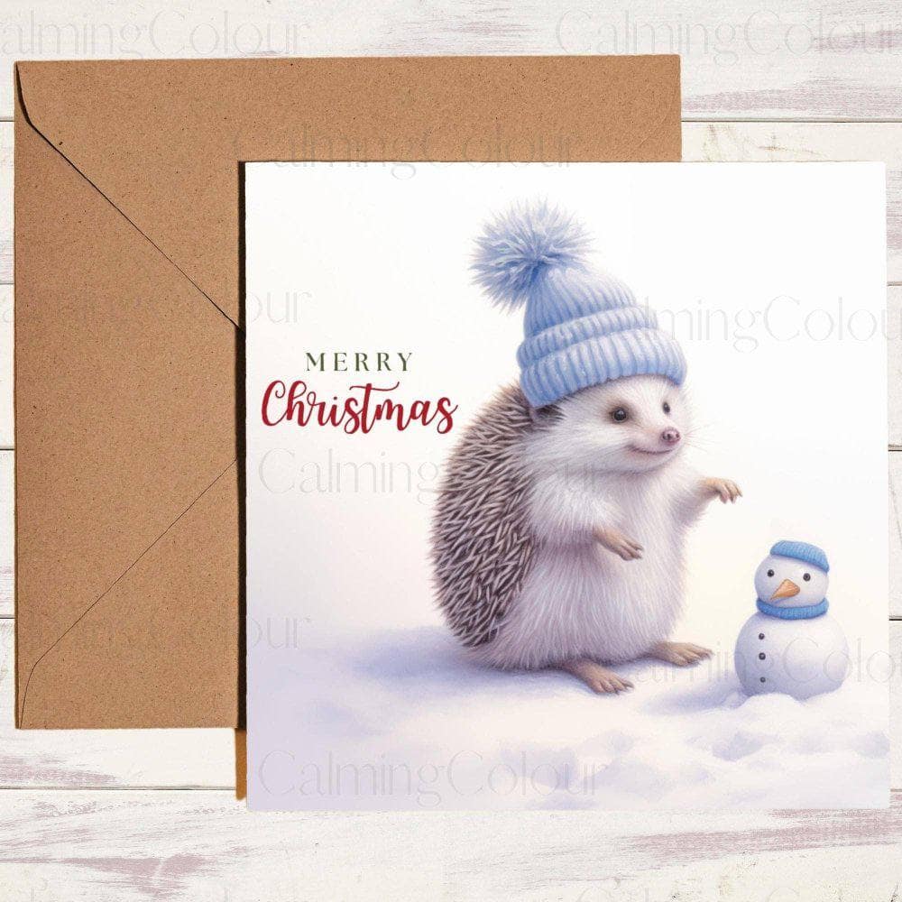 Hedgehog Building Mini Snowman | Christmas Card | Christmas Card