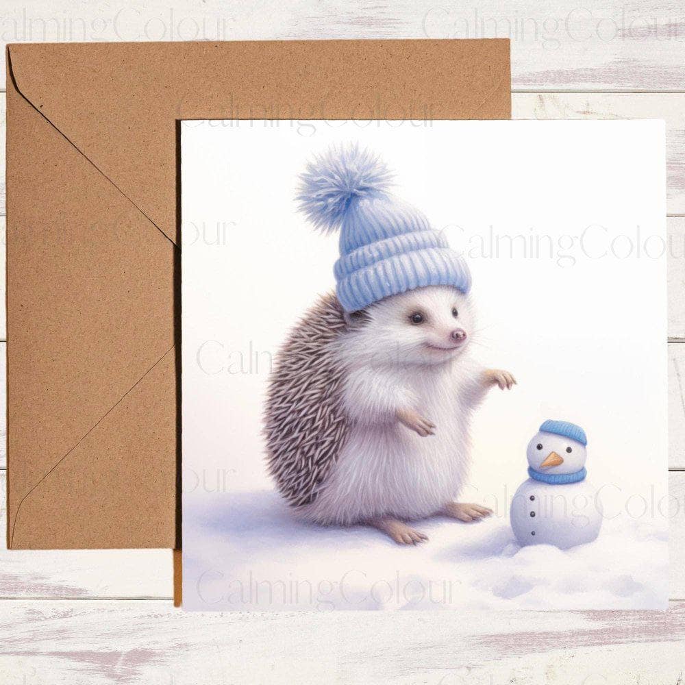 Hedgehog Building Mini Snowman | Christmas Card | Christmas Card