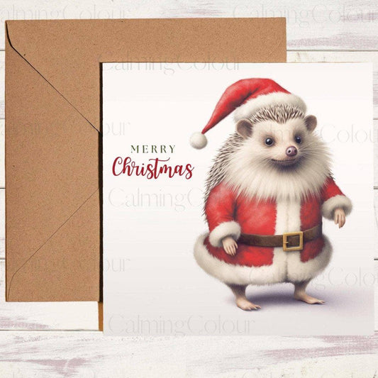 Hedgehog dressed as Father Christmas with Red Santa Hat | Christmas Card | Christmas Card