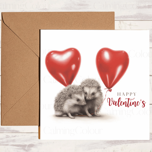 Hedgehog Loving Couple with Red LoveHeart Balloons | Valentine's Card | Calming Colour