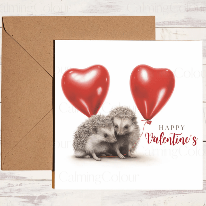 Hedgehog Loving Couple with Red LoveHeart Balloons | Valentine's Card | Valentine's Day