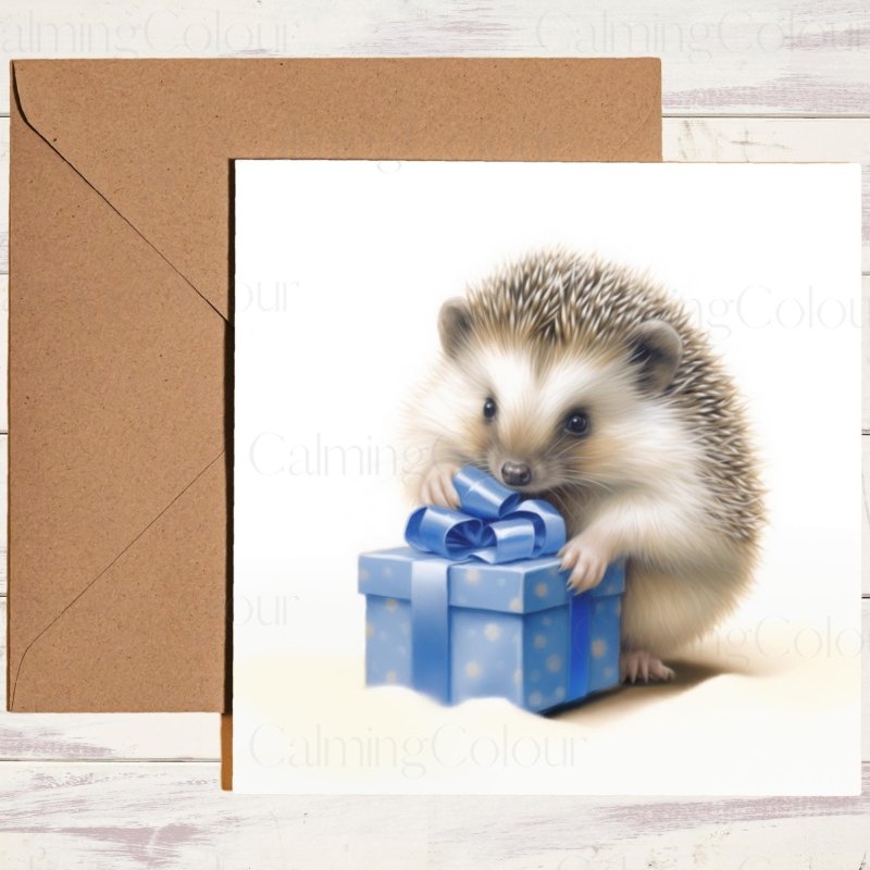 Hedgehog with Blue Present | Christmas Card | Christmas Card