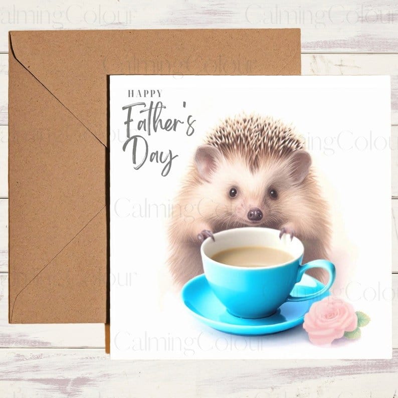 Hedgehog with Blue TeaCup | Father's Day Card | Calming Colour