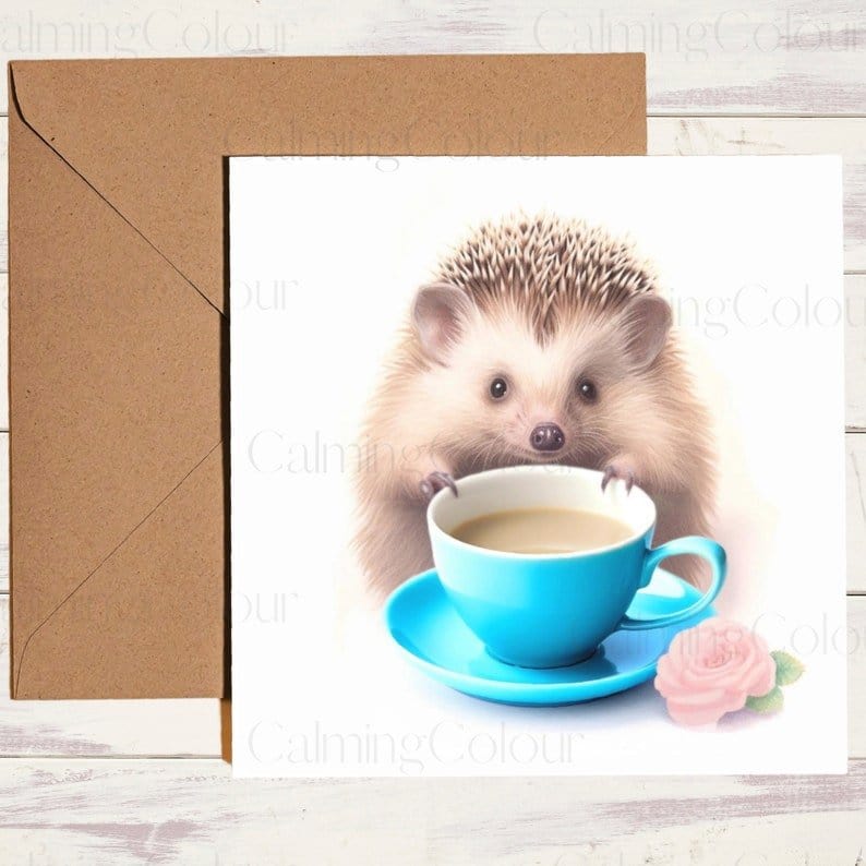 Hedgehog with Blue TeaCup | Father's Day Card | Calming Colour