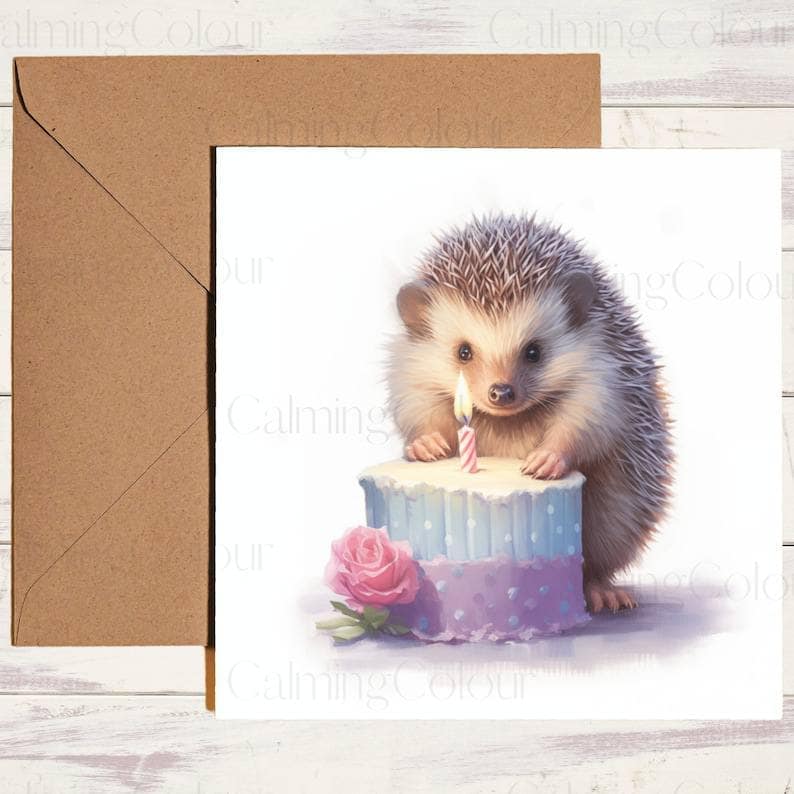 Hedgehog with Colourful Cupcake | Birthday Card | Calming Colour