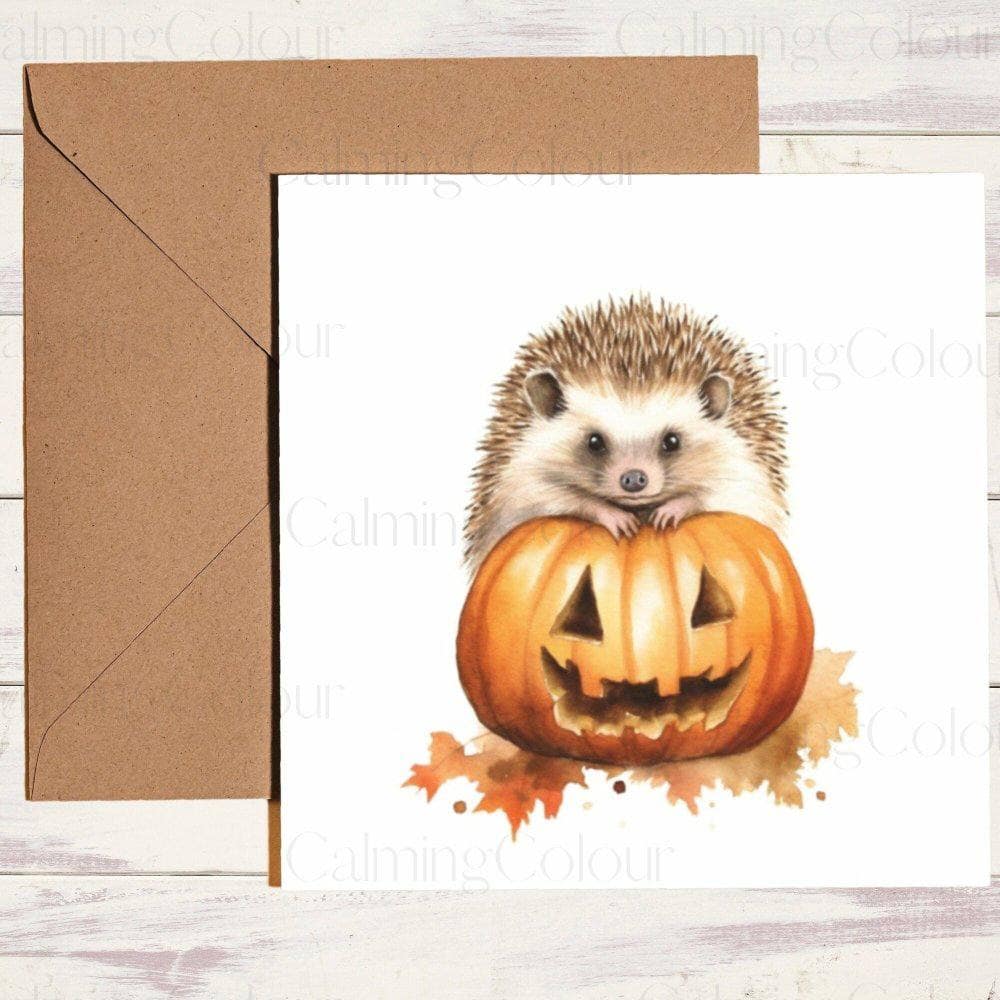 Hedgehog with Halloween Pumpkin | Halloween Card | Calming Colour