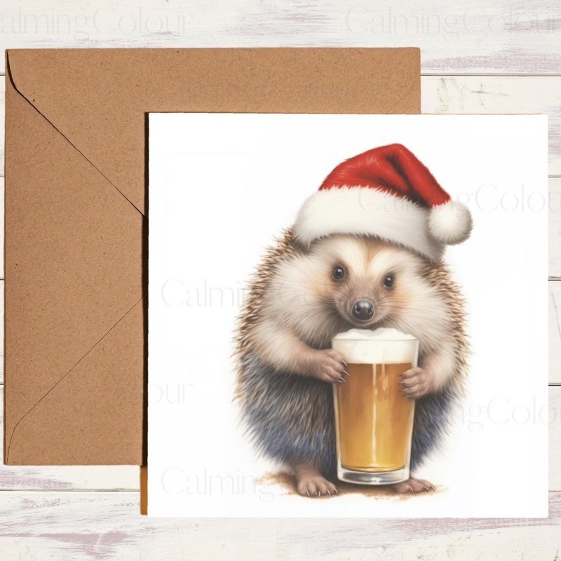Hedgehog with Santa Hat & Pint | Christmas Card | Christmas Card