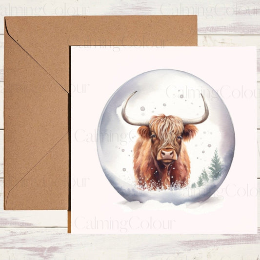 Highland Cow in Snow Globe | Christmas Card | Calming Colour