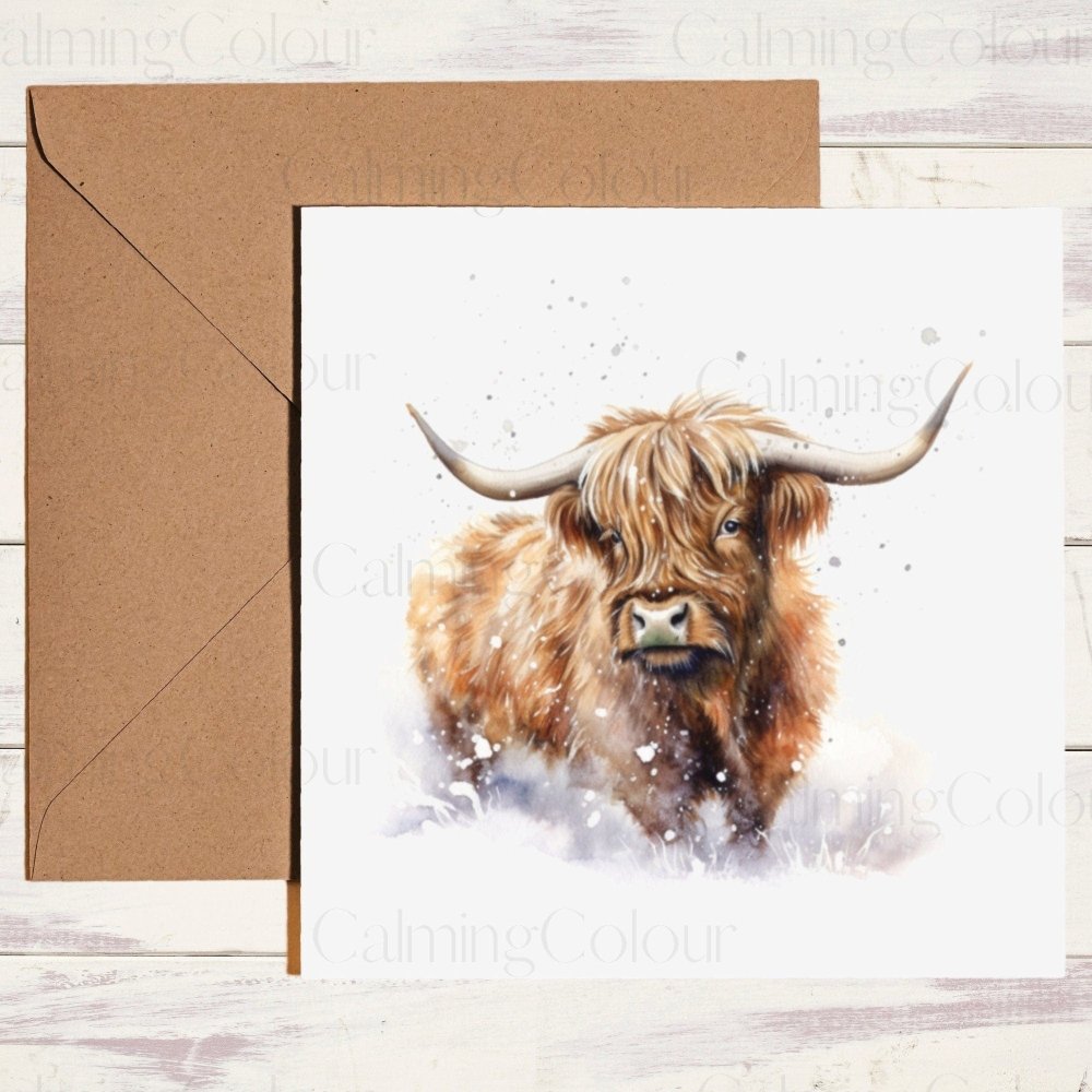 Highland Cow in the Snow | Christmas Card | Calming Colour