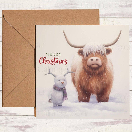 Highland Cow next to Mini Snowcow | Christmas Card | Christmas Card