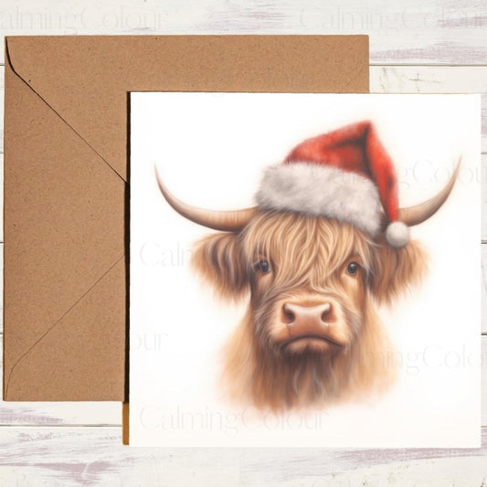 Highland Cow Wearing a Santa Hat | Christmas Card | Christmas Card
