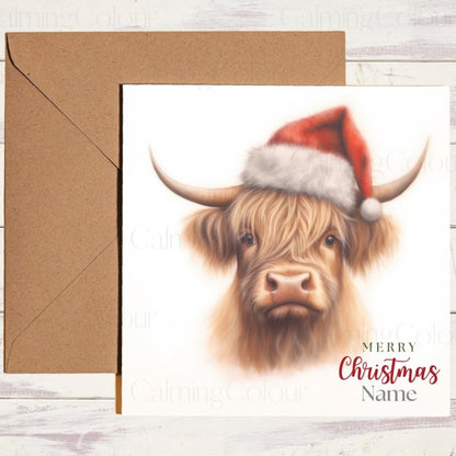 Highland Cow Wearing a Santa Hat | Christmas Card | Christmas Card