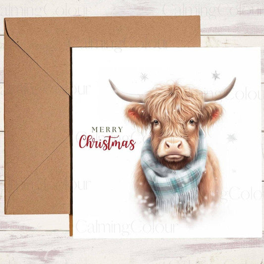 Highland Cow wearing Blue Scarf | Christmas Card | Christmas Card