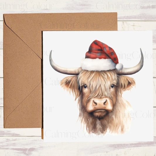 Highland Cow wearing Red Santa Hat | Christmas Card | Christmas Card