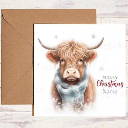 Highland Cow with Blue Scarf | Christmas Card | Christmas Card