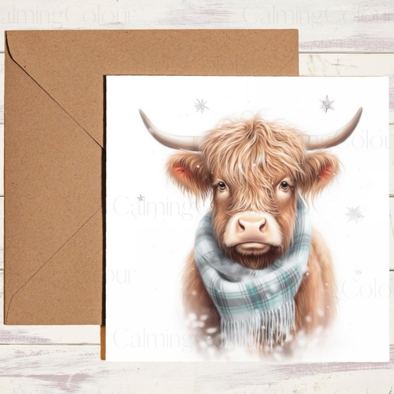 Highland Cow with Blue Scarf | Christmas Card | Christmas Card