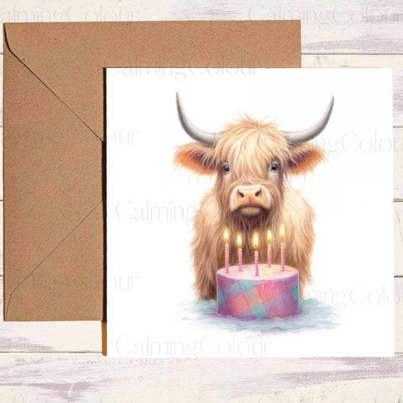 Highland Cow with Cake | Birthday Card | Calming Colour