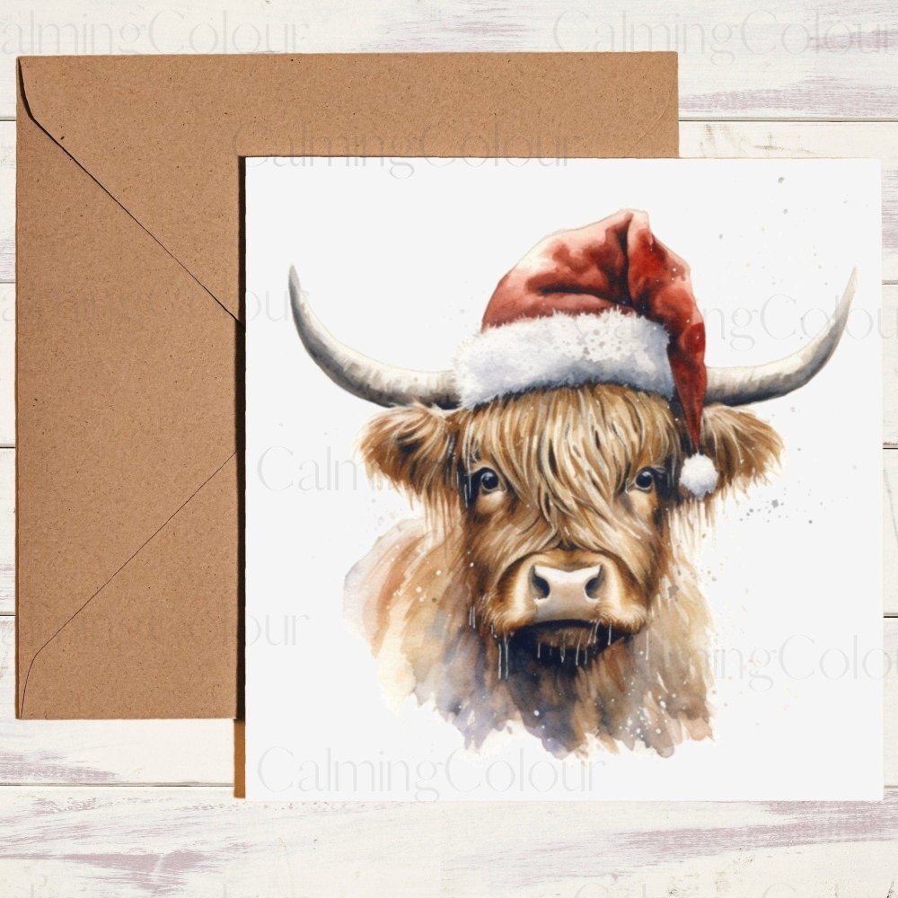 Highland Cow with Red Santa Hat | Christmas Card | Calming Colour