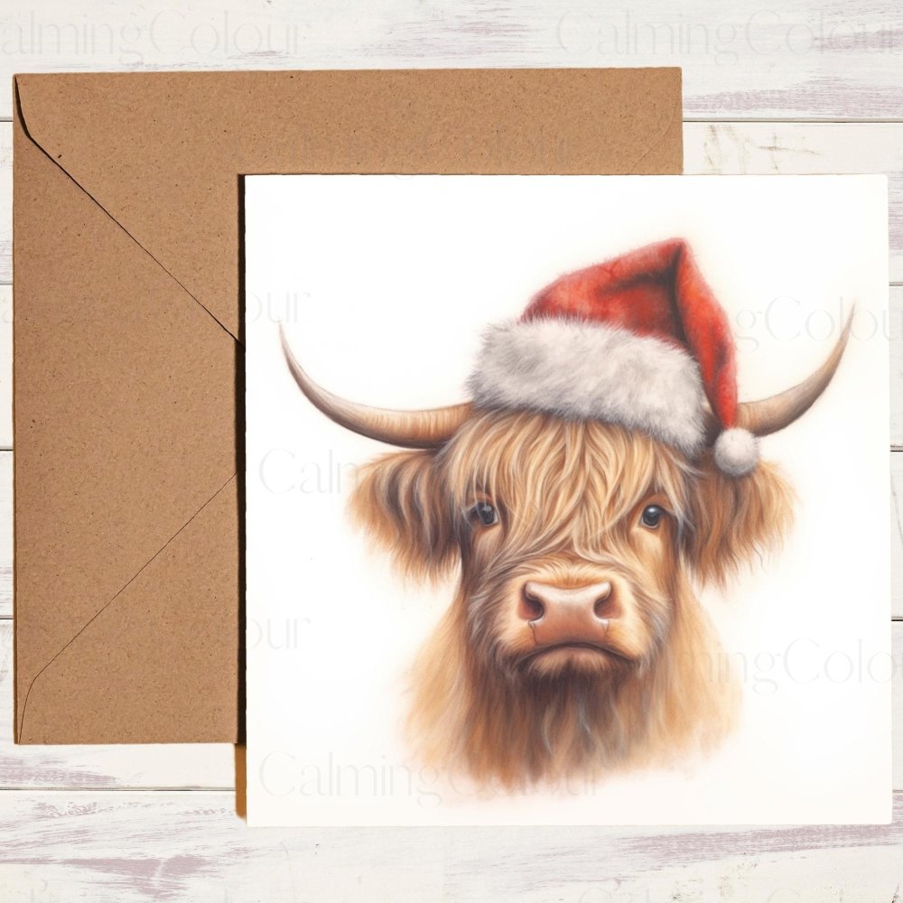 Highland Cow with Red Santa Hat | Christmas Card | Christmas Card