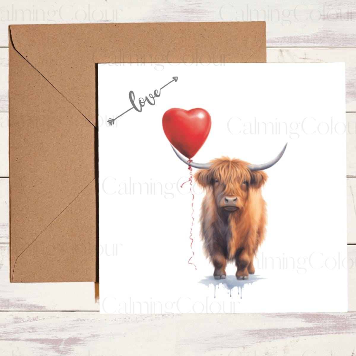 Highland with Red Balloon | Cow Greeting Card | Single Card | Calming Colour