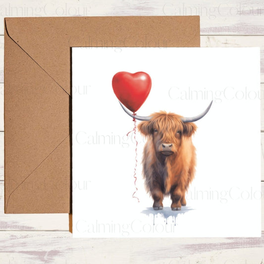 Highland with Red Balloon | Cow Greeting Card | Single Card | Calming Colour