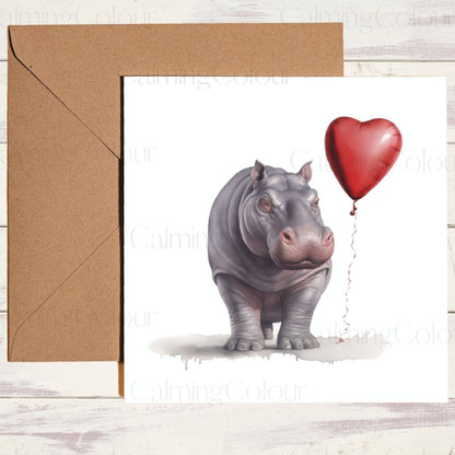 Hippo with Red Balloon | Greeting Card | Calming Colour