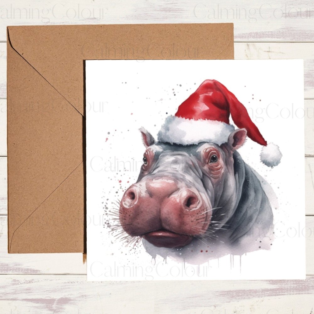 Hippo with Red Santa Hat | Christmas Card | Christmas Card