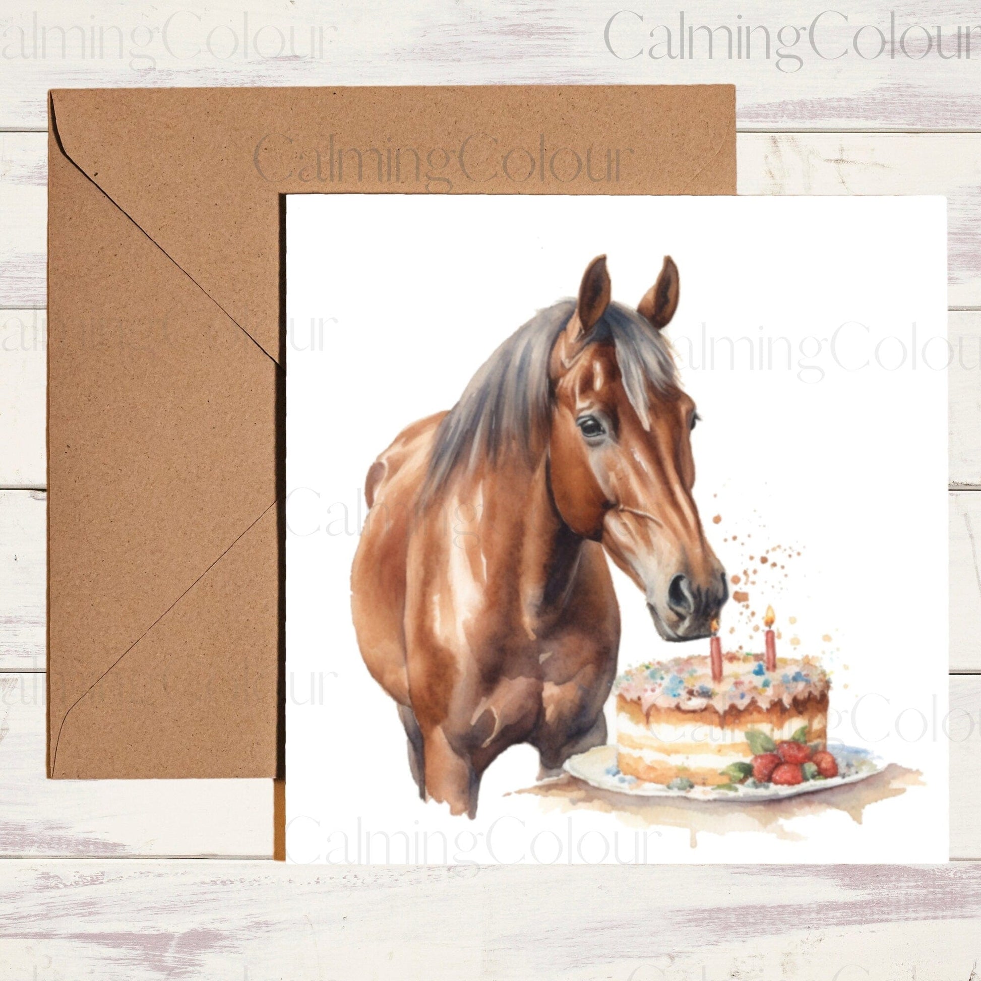 Horse with Cake | Greeting Card | Single Card | Calming Colour