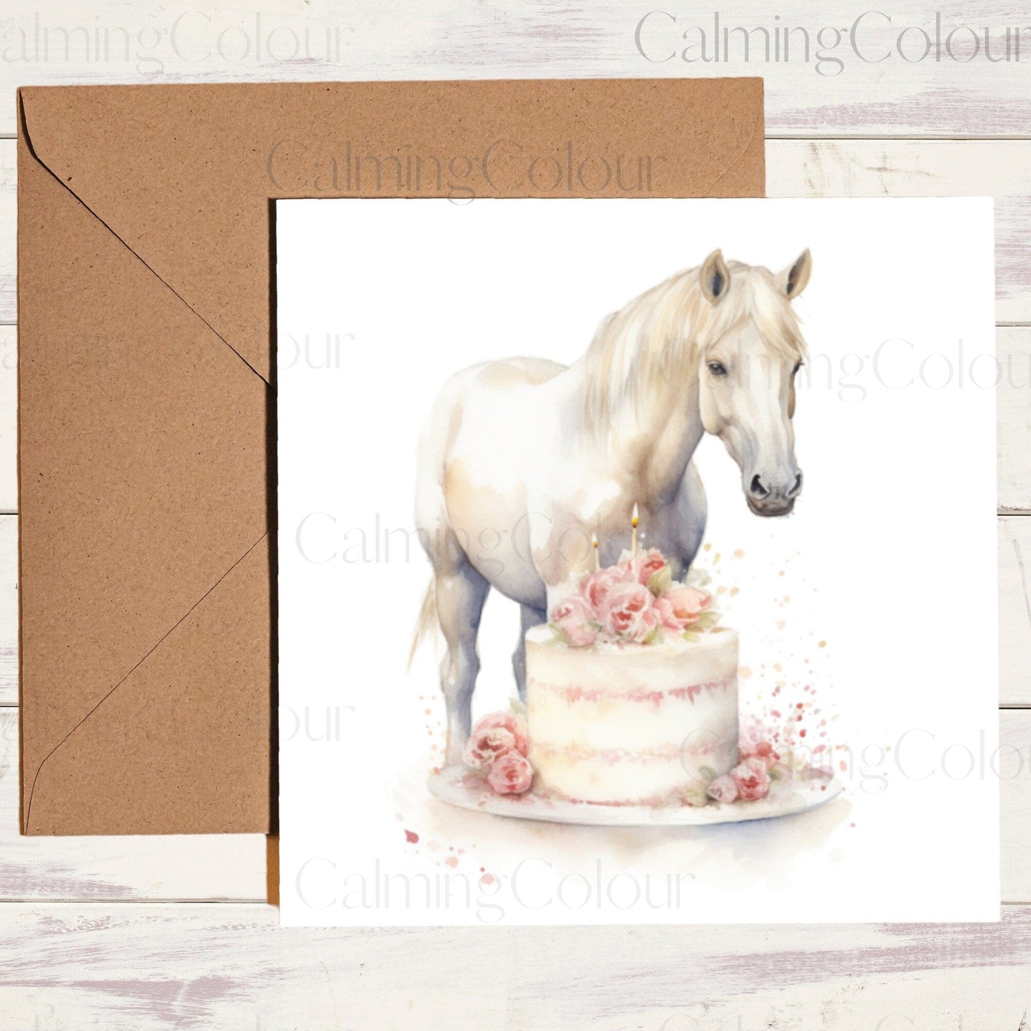 Horse with Cake | Card for Horse lover | Single Card | Calming Colour