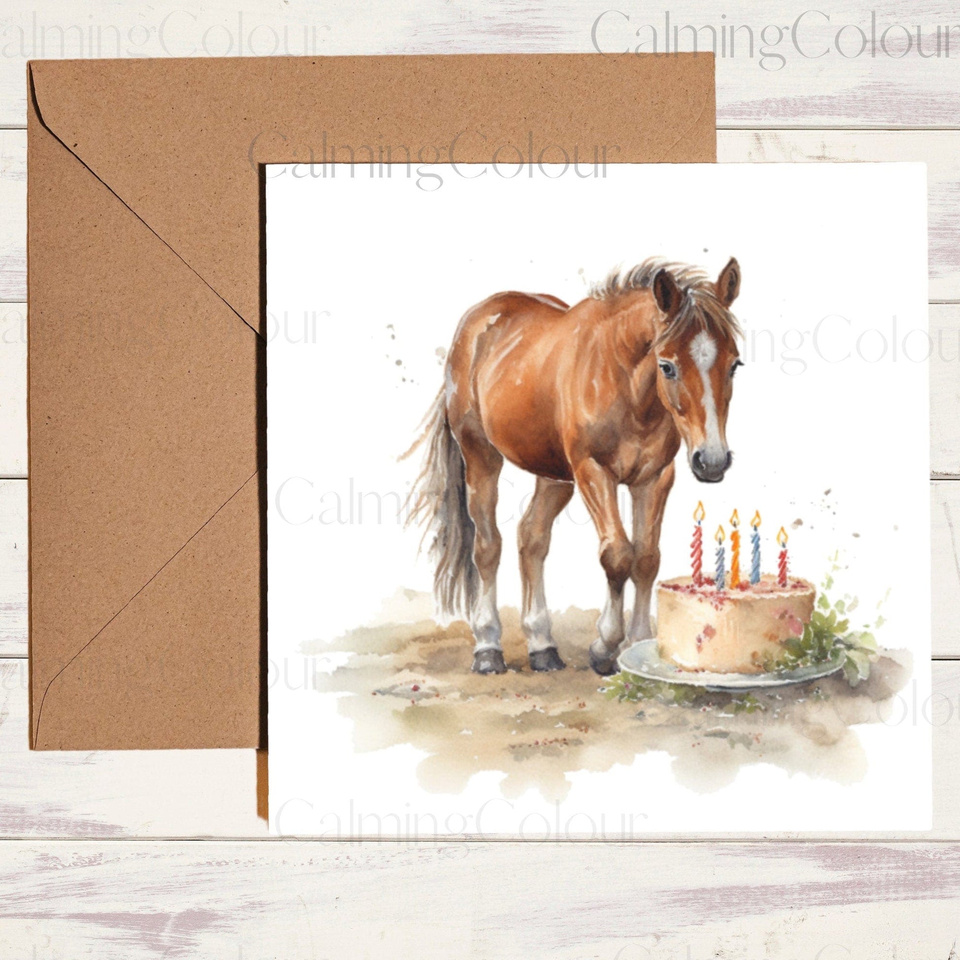 Horse with Birthday Cake | Card for Horse Lover | Calming Colour