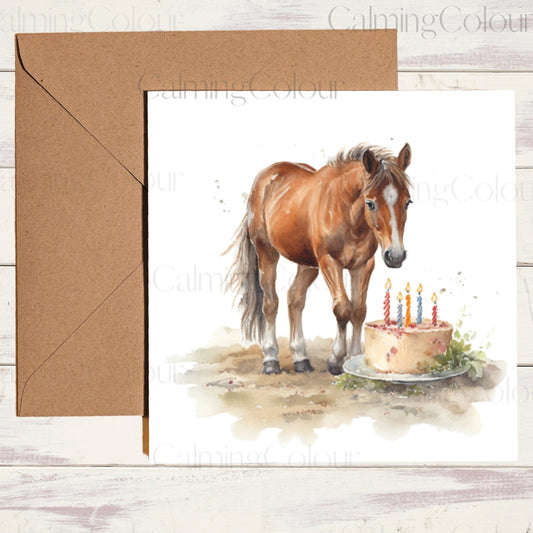 Horse with Birthday Cake | Card for Horse Lover | Calming Colour