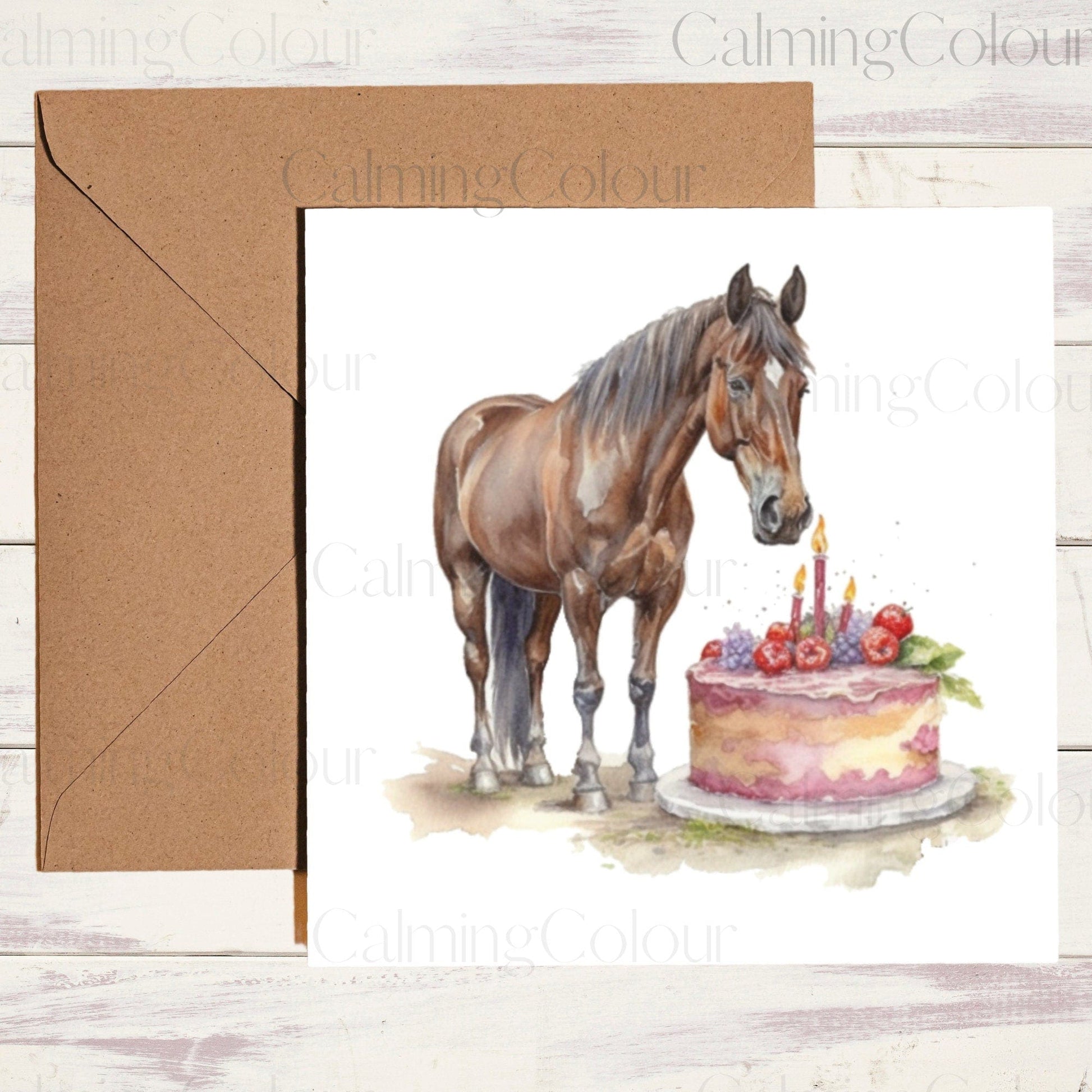 Horse with Fruity Cake | Greeting Card | Single Card | Calming Colour