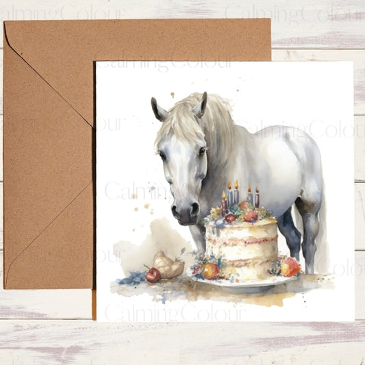 Horse with 3 - Tier Birthday Cake | Card for Horse Lover | Calming Colour