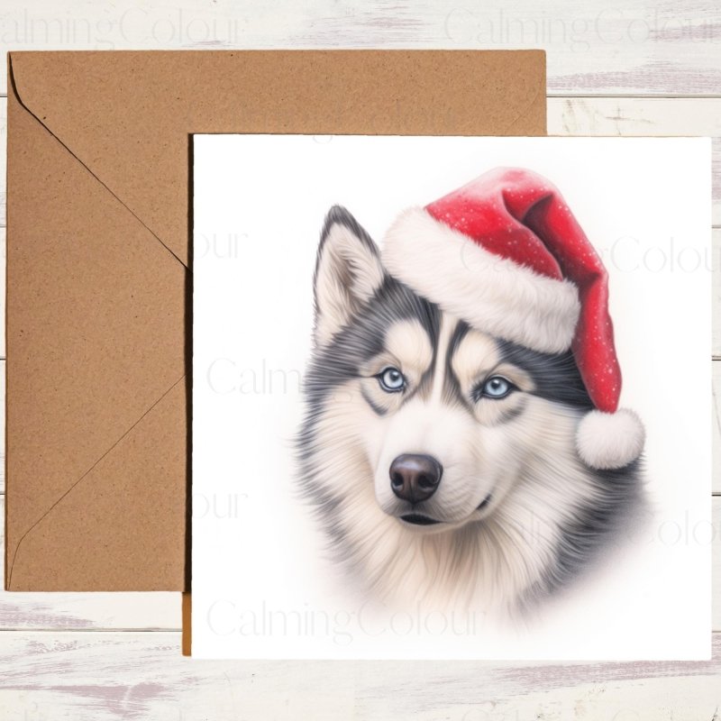 Husky | Red Santa Hat Christmas Card | Christmas Card