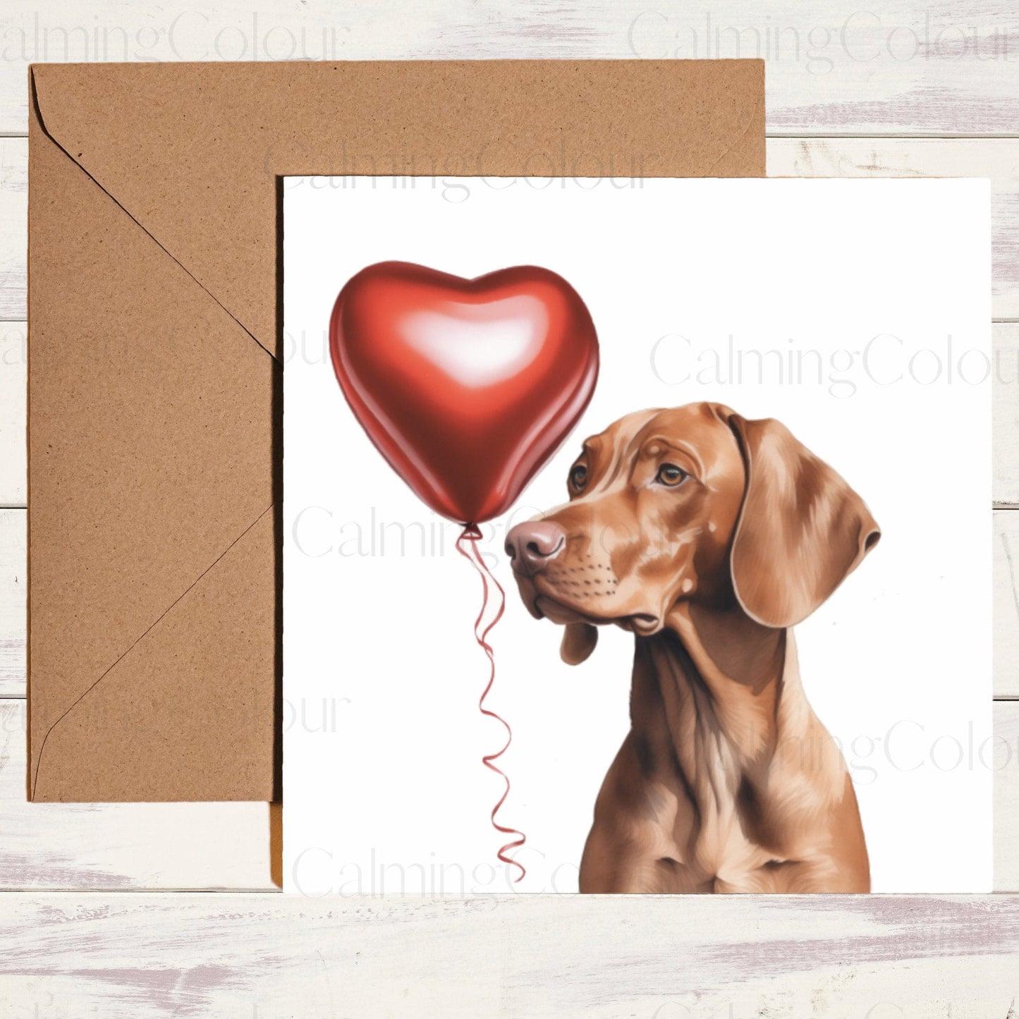 5.5-inch square card featuring a Vizsla with a red heart balloon, Kraft brown envelope, glossy coating for design enhancement, blank canvas inside for personal message, 280gsm cardstock for sturdiness, and eco-friendly packaging.