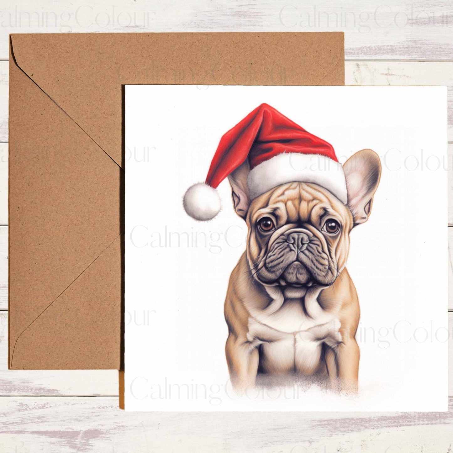 Tan French Bulldog wearing Red Santa Hat | Christmas Card | Christmas Card