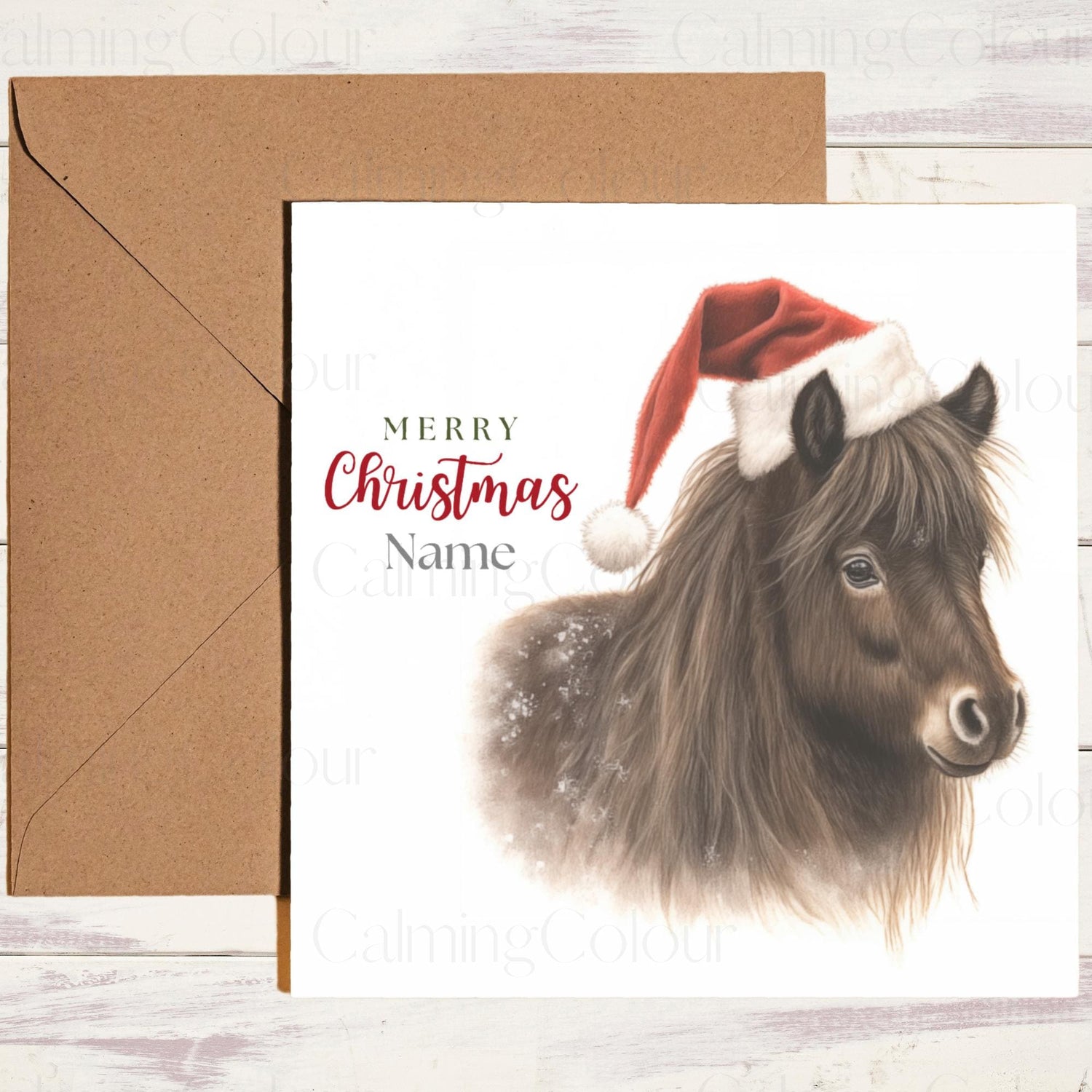 5.5-inch square Christmas card: Personalised Dark Brown Shetland Pony wearing a Santa hat. Glossy coating, 280gsm cardstock for sturdiness, eco-friendly packaging, Kraft brown envelope. Inside: blank canvas for personal message.