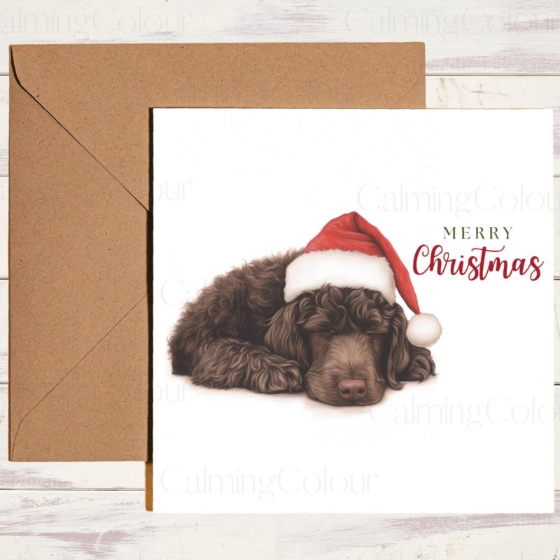 Irish Water Spaniel Asleep in Santa Hat | Christmas Card | Christmas Card