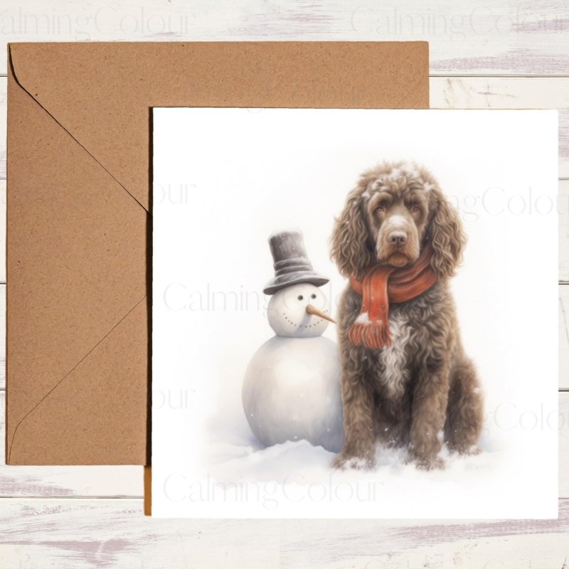 Irish Water Spaniel with Snowman | Christmas Card | Christmas Card