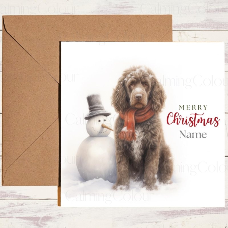 Irish Water Spaniel with Snowman | Christmas Card | Christmas Card