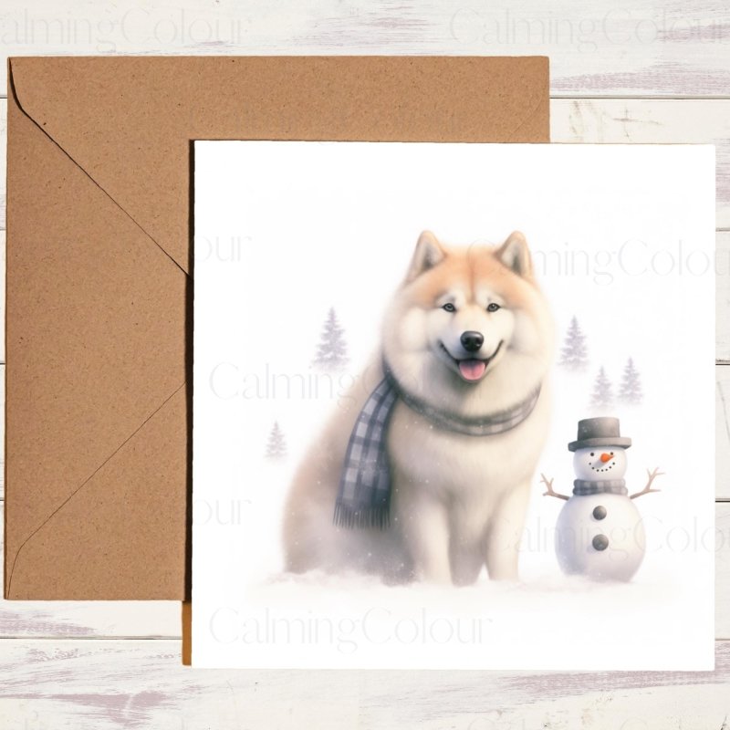 Japanese Akita with Snowy Snowman | Christmas Card | Christmas Card