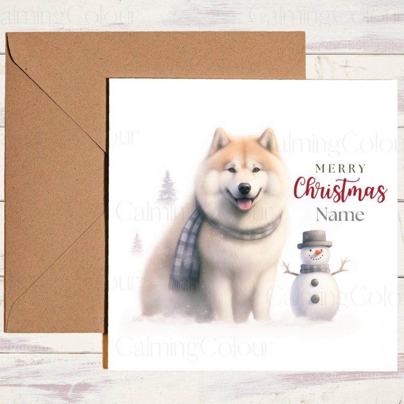 Japanese Akita with Snowy Snowman | Christmas Card | Christmas Card