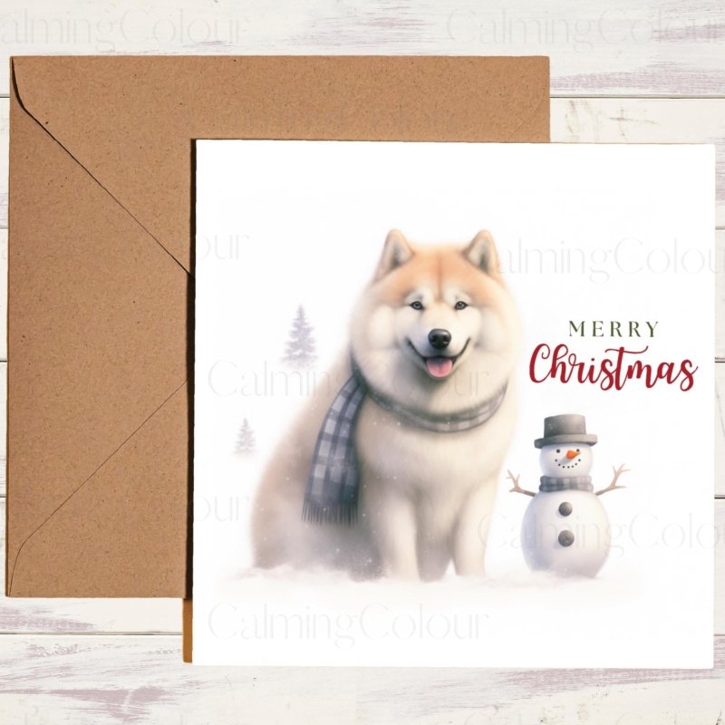 Japanese Akita with Snowy Snowman | Christmas Card | Christmas Card