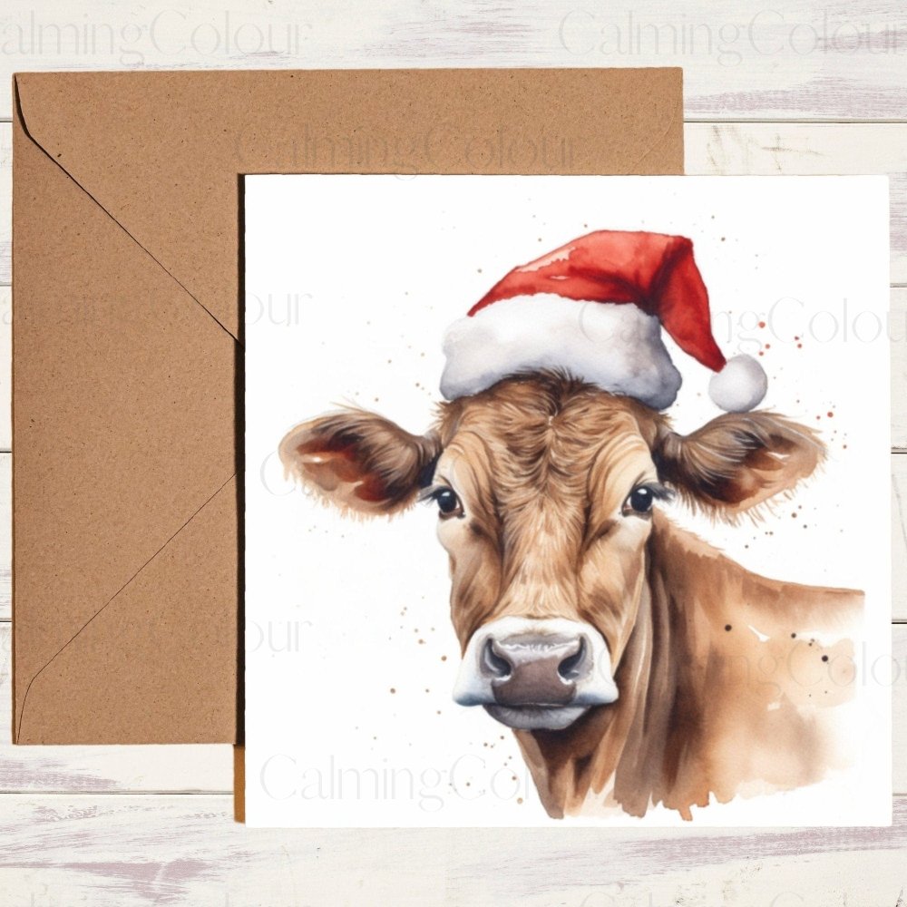 Jersey Cow wearing Red Santa Hat | Christmas Card | Calming Colour