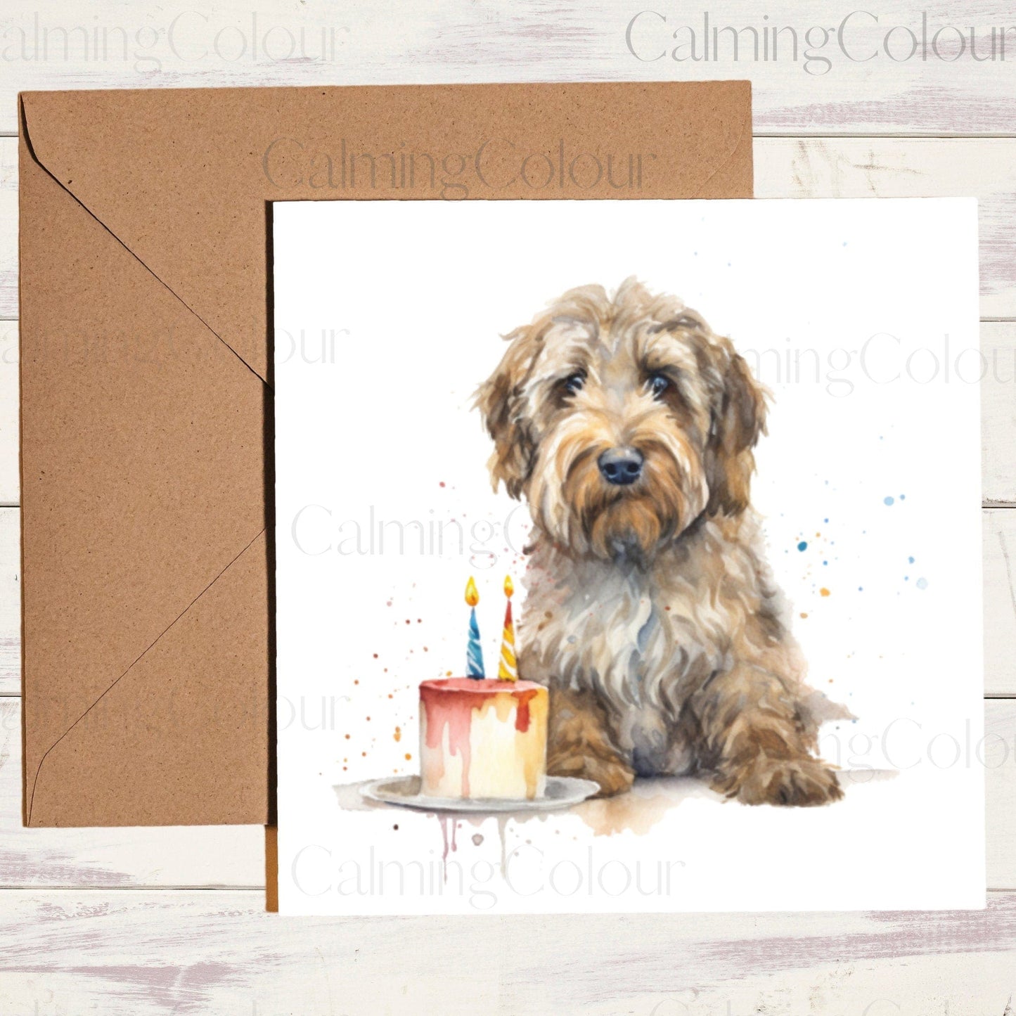 Labradoodle with Cake | Greeting Card | Calming Colour