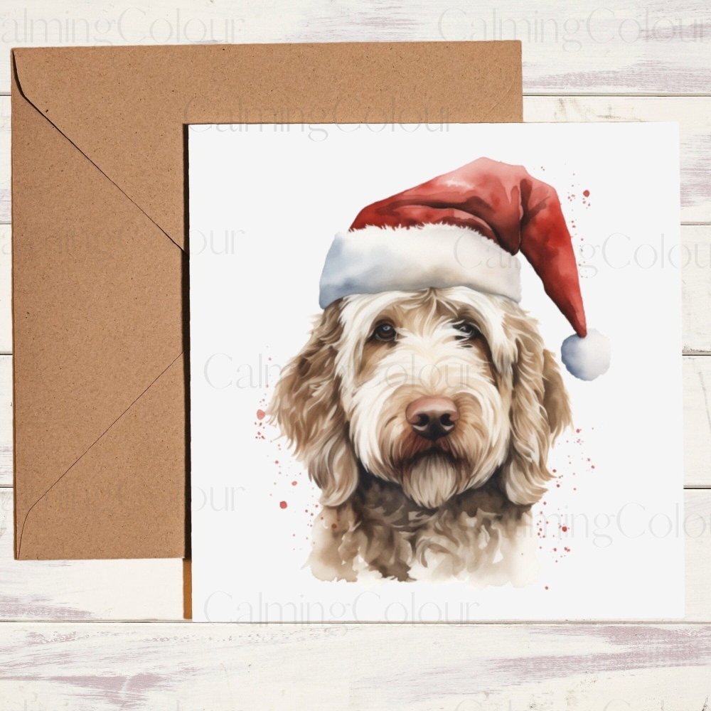 Labradoodle wearing Red Santa Hat | Christmas Card | Calming Colour