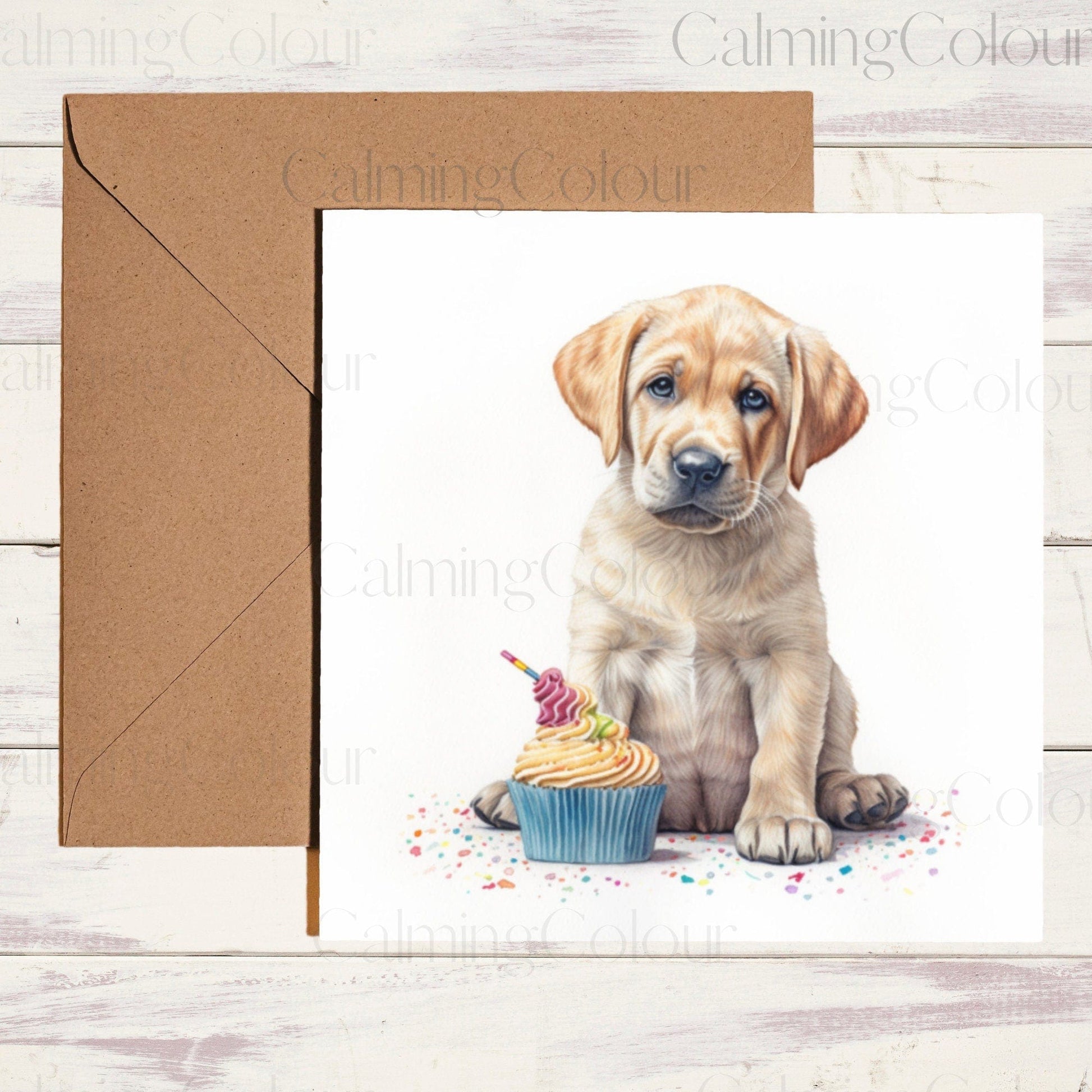 Labrador Puppy with Cupcake | Greeting Card | Calming Colour