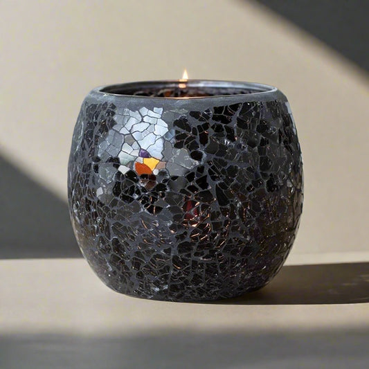 Large Black Crackle Glass Candle Holder | Calming Colour