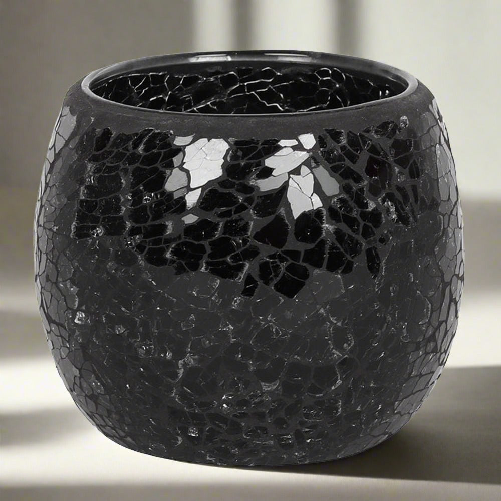 Large Black Crackle Glass Candle Holder | Calming Colour